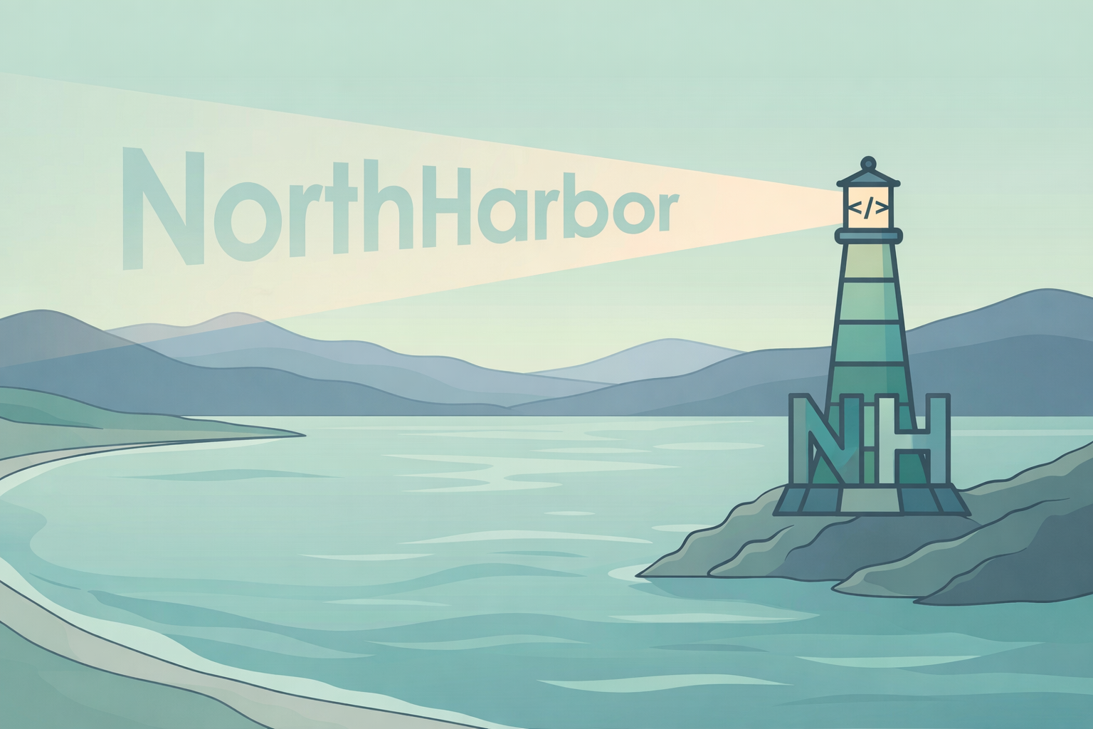 NorthHarbor — a lighthouse on a peaceful harbor coastline, light beam illuminating the name